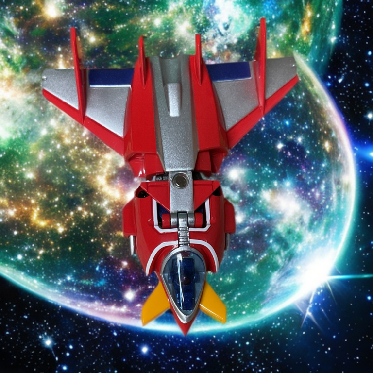 Voltes V's Volt Cruiser red jet fighter in high-speed flight, wings swept back, blue cockpit canopy glowing, yellow nose accents prominent against space background.