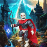 Eine Aufnahme der alten Remco Warrior Beasts Skull Man Actionfigur in Kampfpose vor einer nostalgischen 80er-Jahre-Fantasy-Kulisse.