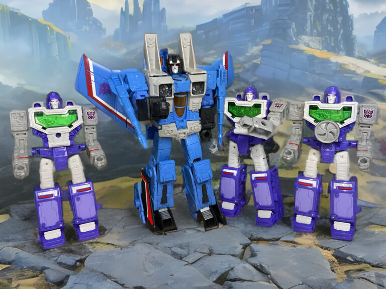 Transformers Dramatic Capture Series Thundercracker standing with Reflector trio (Spectro, Spyglass, Viewfinder) in robot modes, purple and blue Decepticon squad.