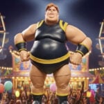 Marvel Legends action figure of Blob the mutant villain posed at a vibrant carnival, showcasing his massive, immovable build under festive lights.