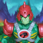 Masters of the Universe Origins Battle Cat-Man action figure in dynamic standing pose with red armor and green fur, crossover with ThunderCats.