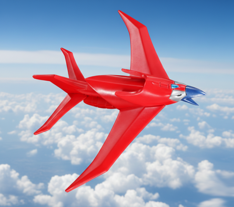 Voltes V's red Mecha Hawk support vehicle flying through the sky, sleek red design with wings spread and orange accents, aiding the team against Boazanian forces.