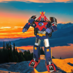 Premium diecast Voltes V figure from Soul of Chogokin GX-31SP 50th Anniversary edition, standing tall in combined robot mode with silver chrome plating and orange accents, sword raised in classic heroic stance against a dark background.