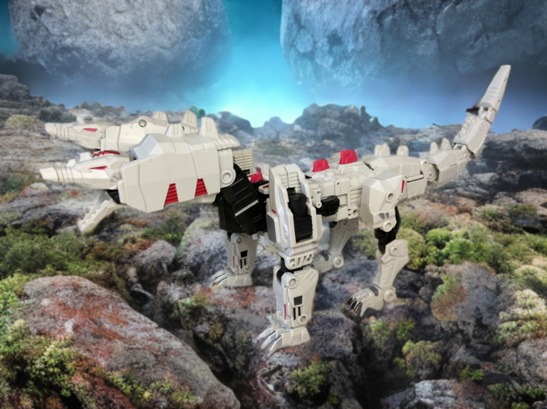 Unique Toys O-04 Siegfried twin-headed dragon mode as the Ordin torso core in a prehistoric land.