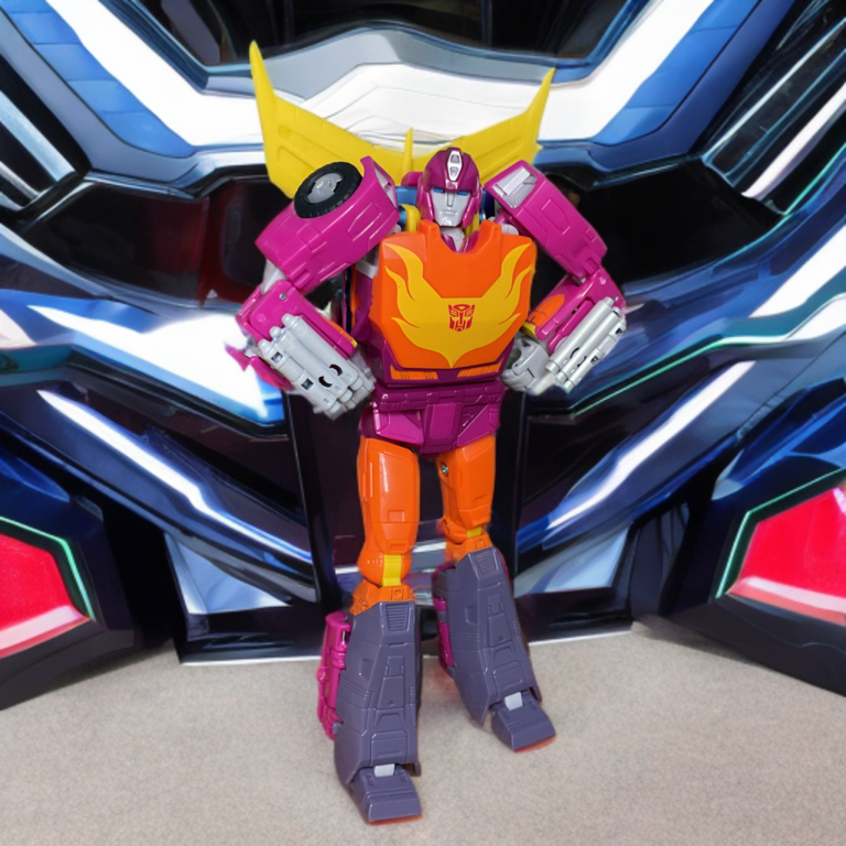 Studio Series MTMTE Hot Rod in heroic robot pose, highlighting screen-accurate magenta body and crisp Autobot insignia.