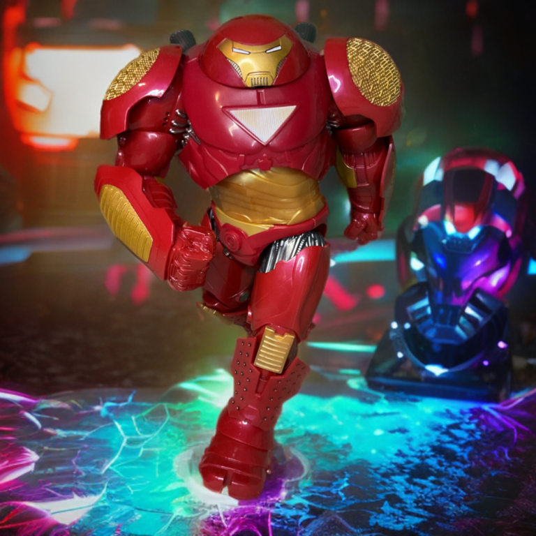 Hulkbuster armor in powerful standing pose, ready for combat with glowing arc reactor.