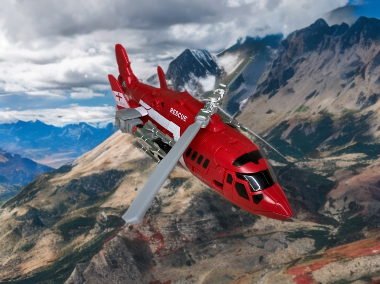 A white and red rescue helicopter toy with rotating blades and landing gear.
