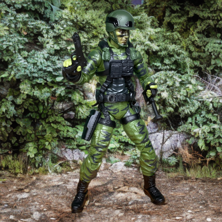 Detailed view of G.I. Joe Classified Hit & Run woodland camouflage uniform and gear.