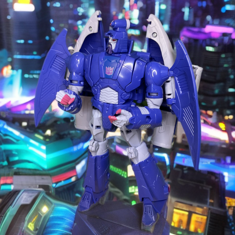 Studio Series Voyager Class Scourge action figure in robot mode, aggressive forward-leaning pose with red eyes and wings extended.