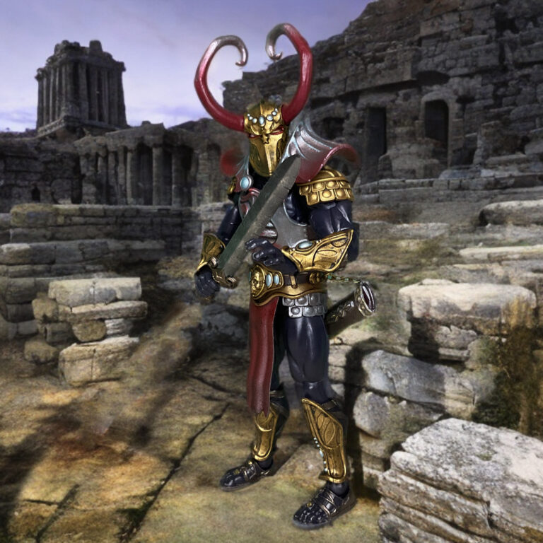 Figurine Savage Crucible Nashorn The Disinherited déballée sur le présentoir, montrant la sculpture complète et les accessoires, la marque Fantasy Action Figures dans le coin.
