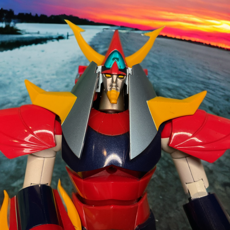 Close-up of the Soul of Chogokin GX-41S Raideen head showing the sharp facial features and golden crest.