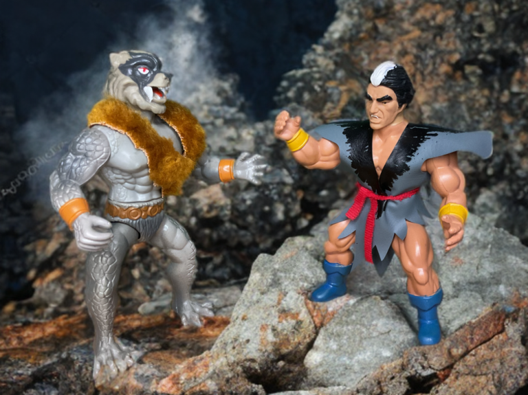 The Mikola figure posed dramatically on a rock, with a lightning-filled sky in the background symbolizing his internal struggle as he faces Wolf Warrior from the Warrior Beasts.