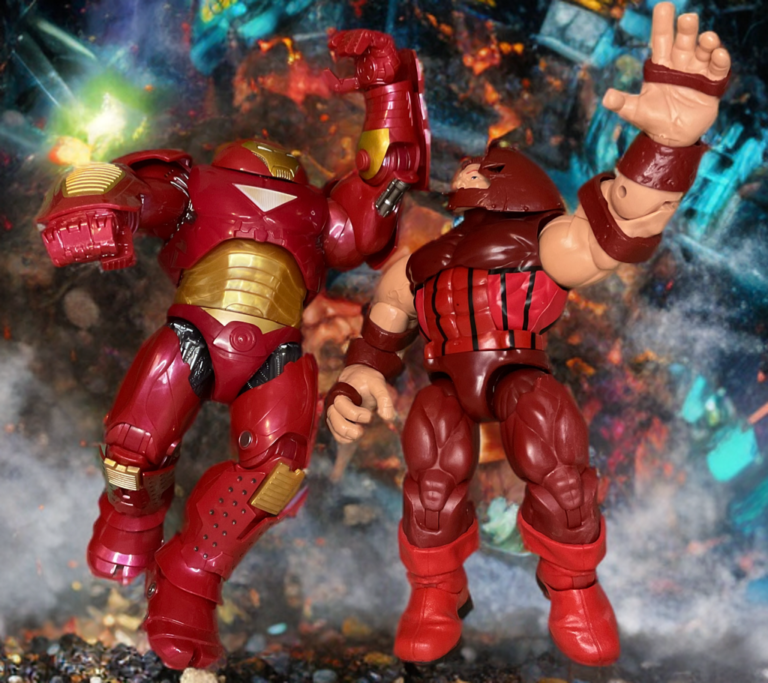 Hulkbuster delivering heavy repulsor punch to Juggernaut's helmet in close combat.