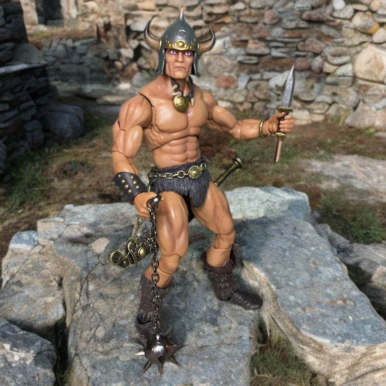 Escultura detalhada do torso musculoso e da armadura do guerreiro Savage Crucible Frazetta, figura de ação de fantasia de alta qualidade.