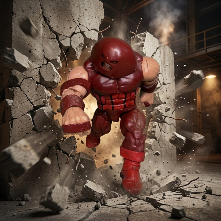 Juggernaut Marvel villain powering through obstacles in red armor and helmet.