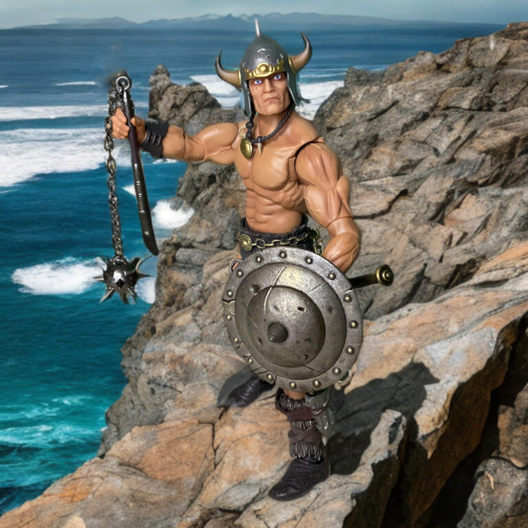 Savage Crucible Frazetta guerreiro balançando a arma de bola e corrente, pose de ação dinâmica da figura do Harvinger Studios.