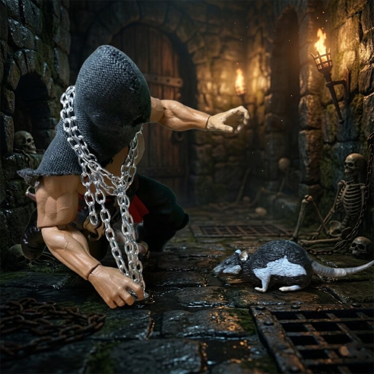 Figurine Grym The Executioner avec un accessoire de rat dans la scène de l'après-coup.