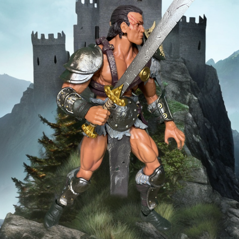 Savage Crucible Krieger The Shunned action figure unhelmeted in dynamic battle pose with sword raised, scarred face and ponytail, ancient castle background, Fantasy Action Figures epic display.