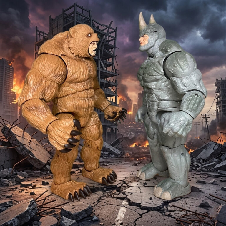 Marvel Legends Grizzly and Rhino action figures standing side-by-side for size and scale comparison.