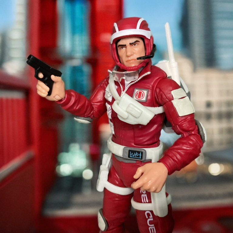 Close-up shot of G.I. Joe Classified Lifeline’s head sculpt featuring removable helmet, and black hair.