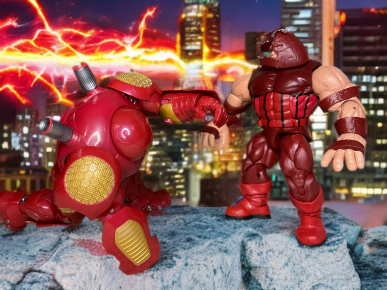 Juggernaut towering over fallen Hulkbuster in hypothetical Marvel victory pose.