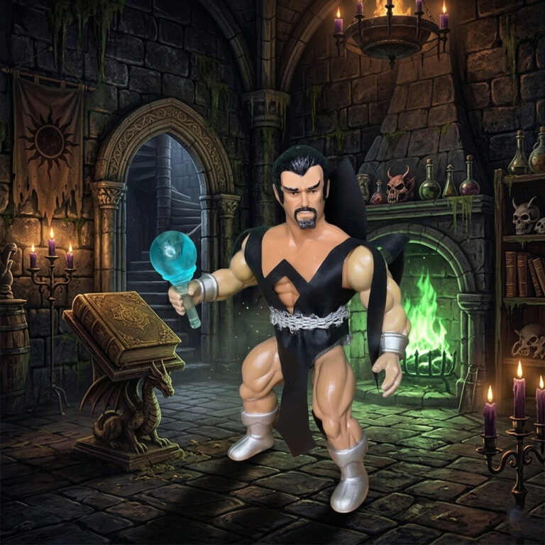 The Remco Deimos figure standing with crystal ball accessory on a stone-textured background.