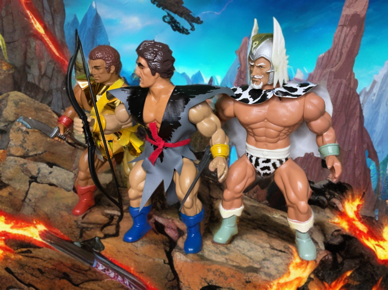 Remco Lost World of the Warlord figures: Travis Morgan, Machiste, and Mikola Rostov together, vintage 1980s action toy group pose.