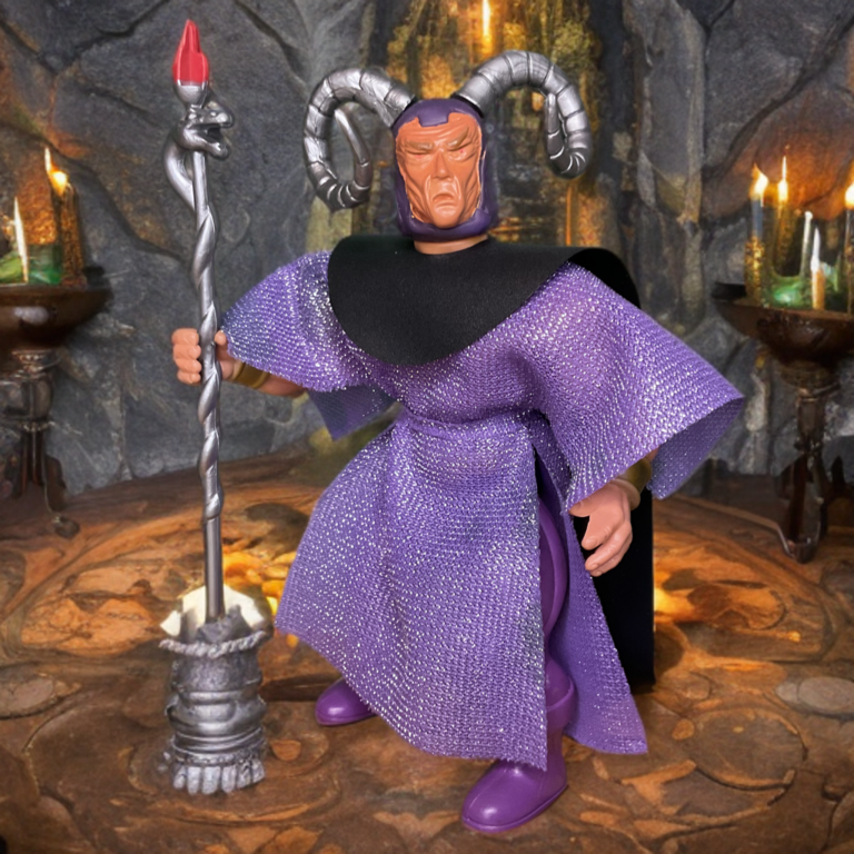Full-body shot of the 1984 Remco Thoth-Amon toy showing his sinister facial sculpt.