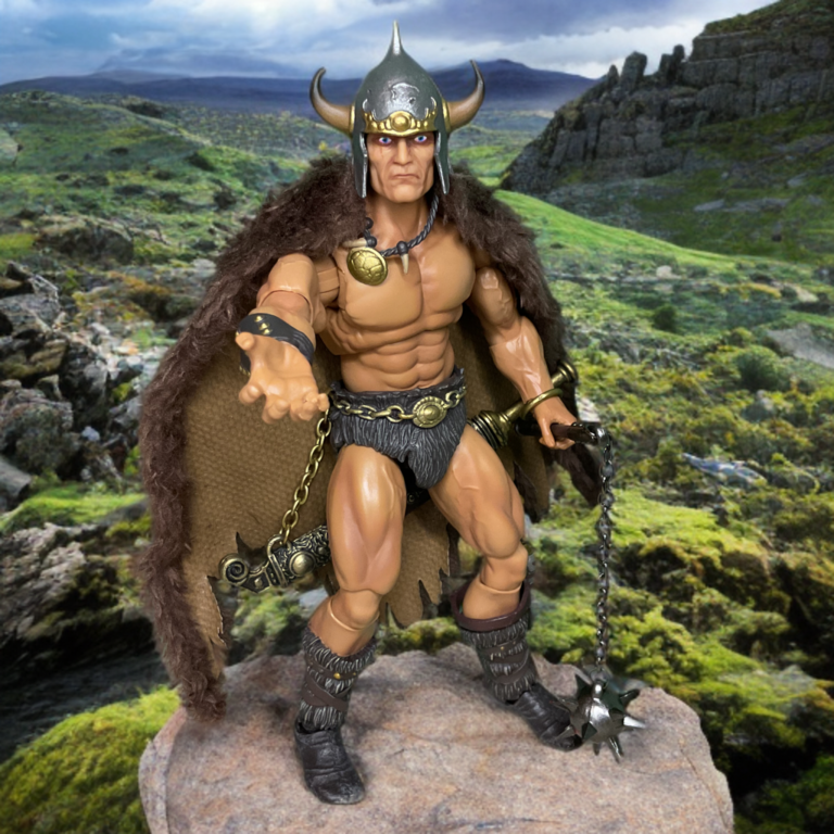 Savage Crucible Frazetta Warrior with Ball and Chain em pose de conquistador vitorioso, figura de ação de fantasia definitiva em Fantasy Action Figures.