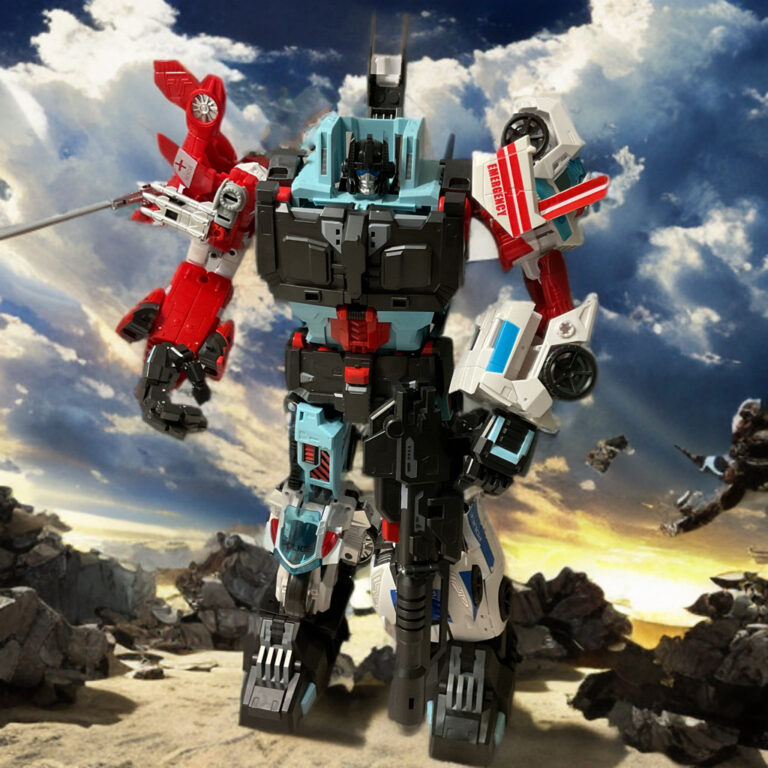 Demon Knight Defensor head and blue torso armor with black mega blaster ready for battle.