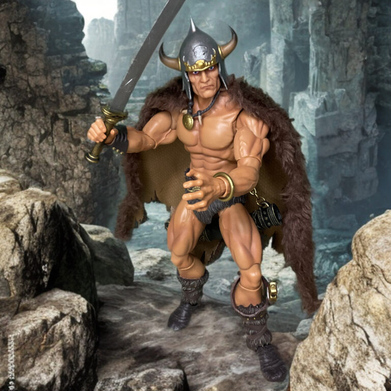 Savage Crucible Frazetta Warrior with Ball and Chain em pose épica de batalha com espada, analisado no site Fantasy Action Figures.