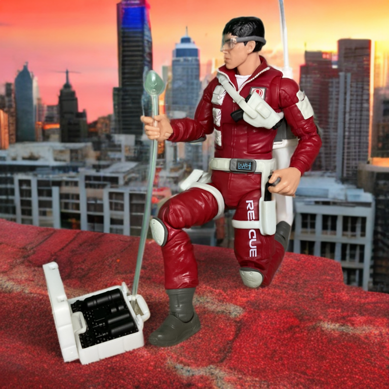 Detailed view of the opening medical backpack accessory on G.I. Joe Classified Lifeline showing internal storage.