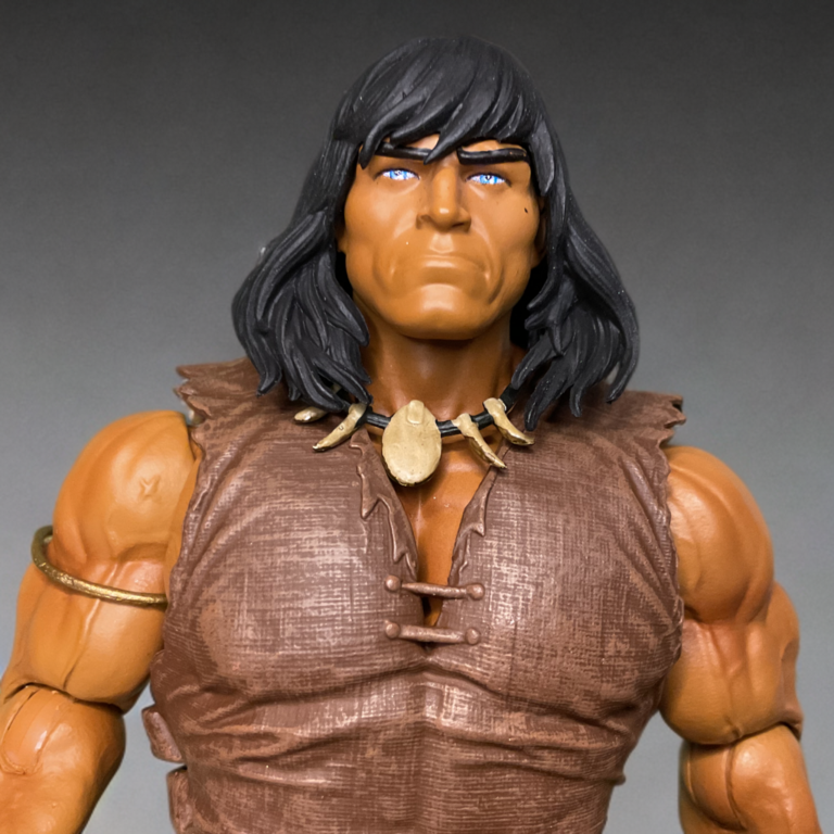 Close-up of Conan Battle of the Black Stone head sculpt with flowing hair and intense expression.