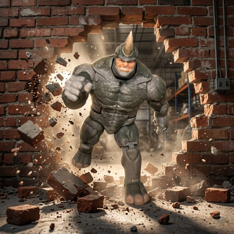 Marvel Legends Rhino action figure in a dynamic forward-charging pose with horns lowered.