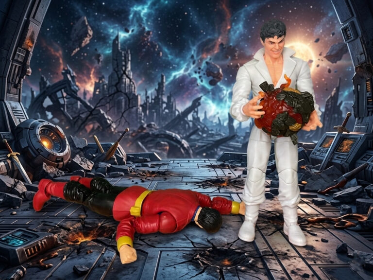 Marvel Legends Retro Secret Wars Beyonder action figure standing dominantly over the defeated Marvel Legends Wonder Man figure lying on the ground in his red jacket costume – ultimate cosmic stomp from Fantasy Action Figures.