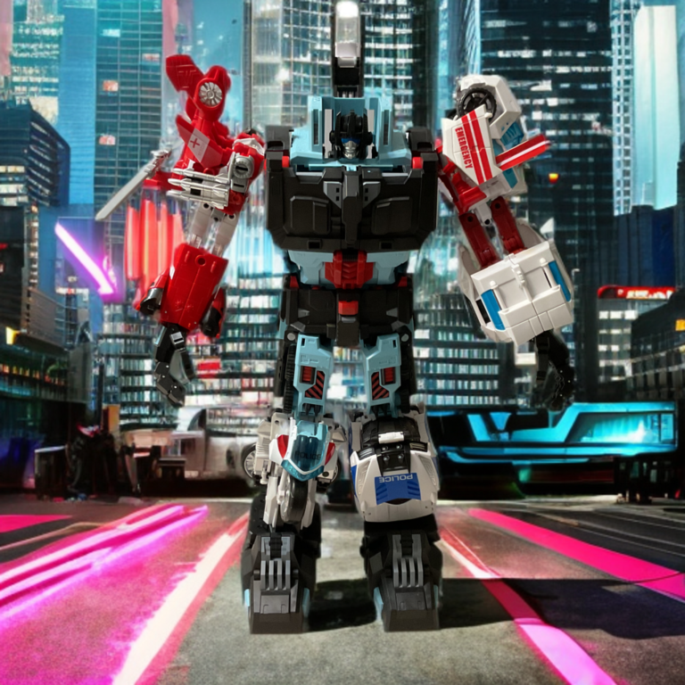 A massive Transformers combiner robot in a dynamic battle pose in a Cybertronian city.