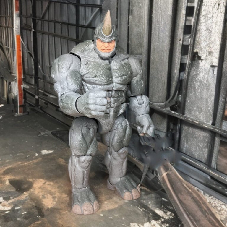 Marvel Legends Rhino action figure displaying his bulky armored build and charging-ready stance.