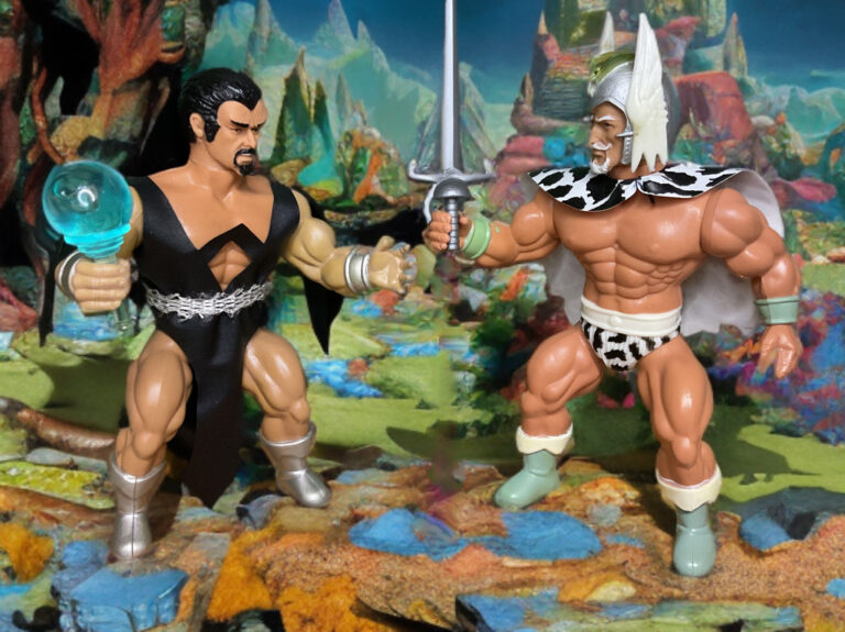 Remco The Warlord Travis Morgan and Deimos action figures together, 1982 vintage toys in epic confrontation pose.