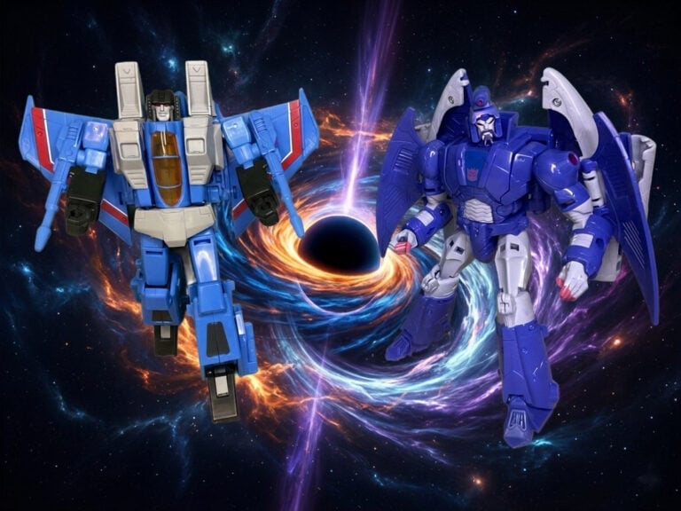 Action figures of Thundercracker and Scourge staged with green lighting effects to simulate Unicron’s energy reforming one into the other.
