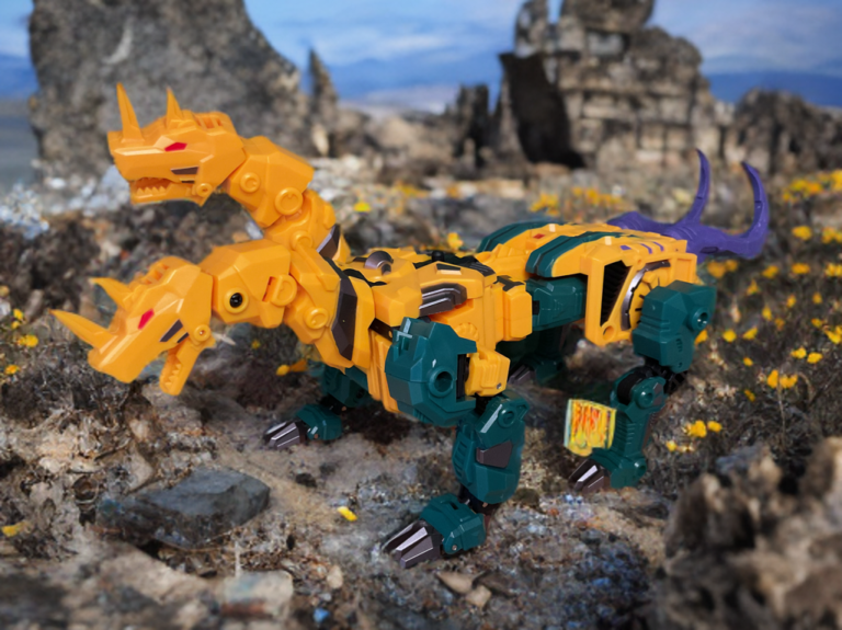Unique Toys O-03 Fenrir beast mode with two heads and yellow armor plating.