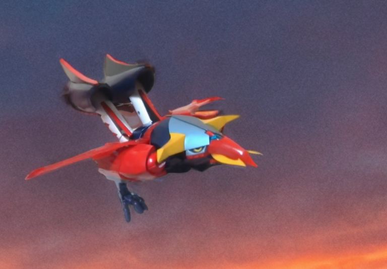 Profile view of the Soul of Chogokin GX-41S Raideen action figure in the God Bird transformation flight pose.