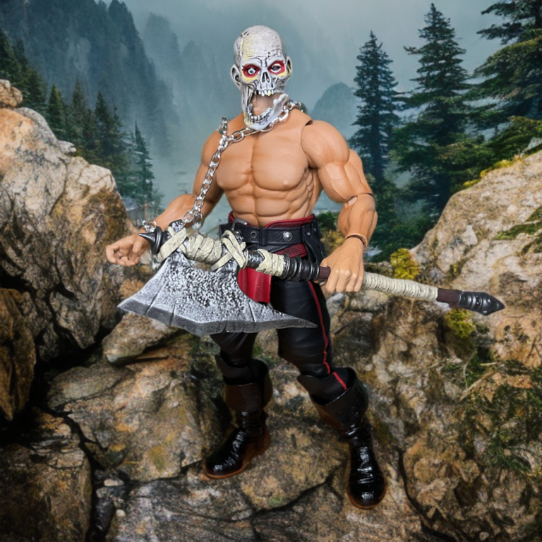 La figurine de Grym The Executioner est capturée en plein élan de la hache dans un mouvement de combat dynamique chez Fantasy Action Figures.