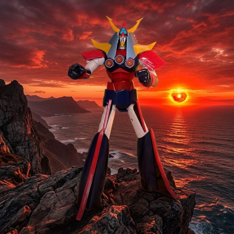 Full body heroic pose of the GX-41S Raideen action figure against a sunet background.