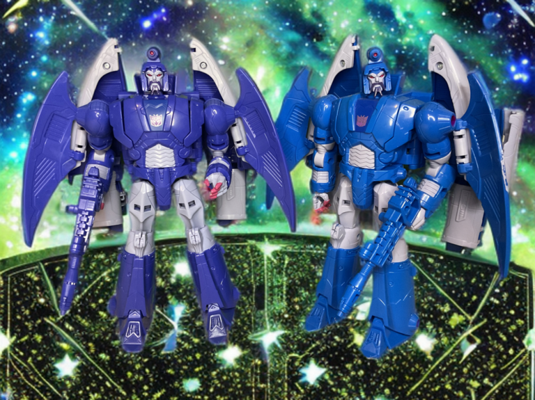 Two blue Studio Series Voyager Class figures—one Scourge and one Sweep—displayed together in robot mode as leader and drone.