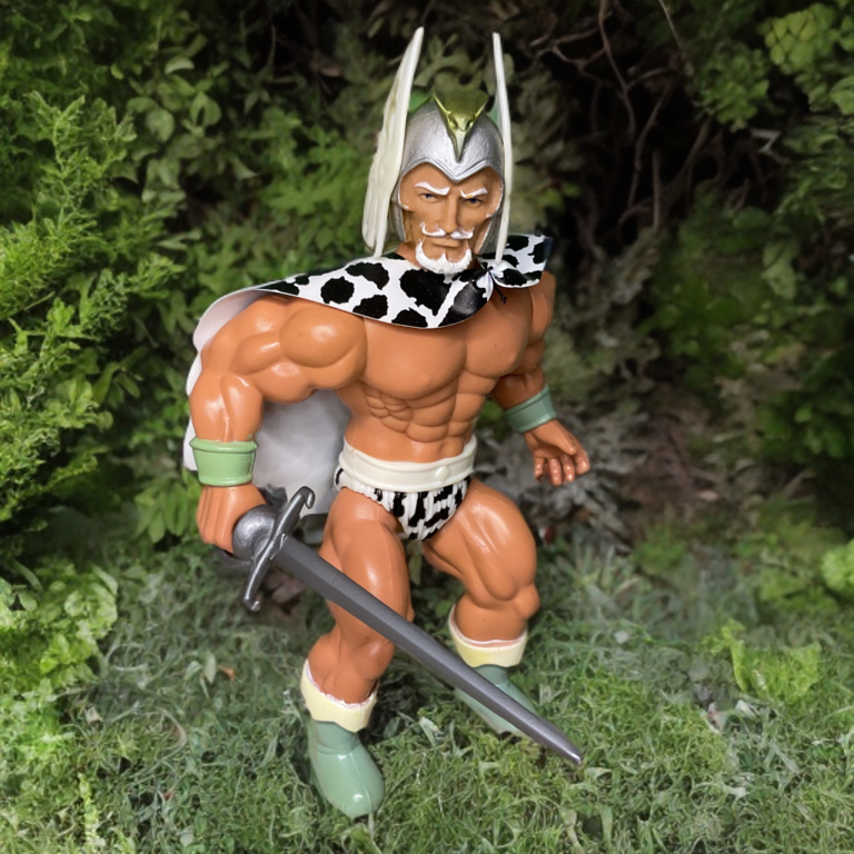 Remco The Warlord Travis Morgan action figure solo, 1982 vintage toy with winged helmet and sword in powerful collector display.