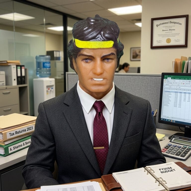 Hercules Unbound Actionfigur im Geschäftsanzug und mit roter Krawatte im Kundenbüro.