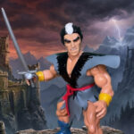 The 1982 Remco Mikola Rostov figure standing on a rocky outcrop with a sword, featuring his signature white-streaked hair and visible fangs against a stormy castle backdrop.