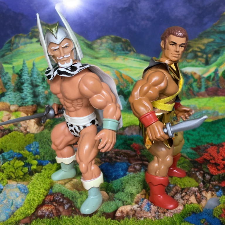Machiste und der Kriegsherr stehen zusammen, Remco 1982 Spielzeug, das die treuen Verbündeten aus den Abenteuern von DC Comics Skartaris einfängt.