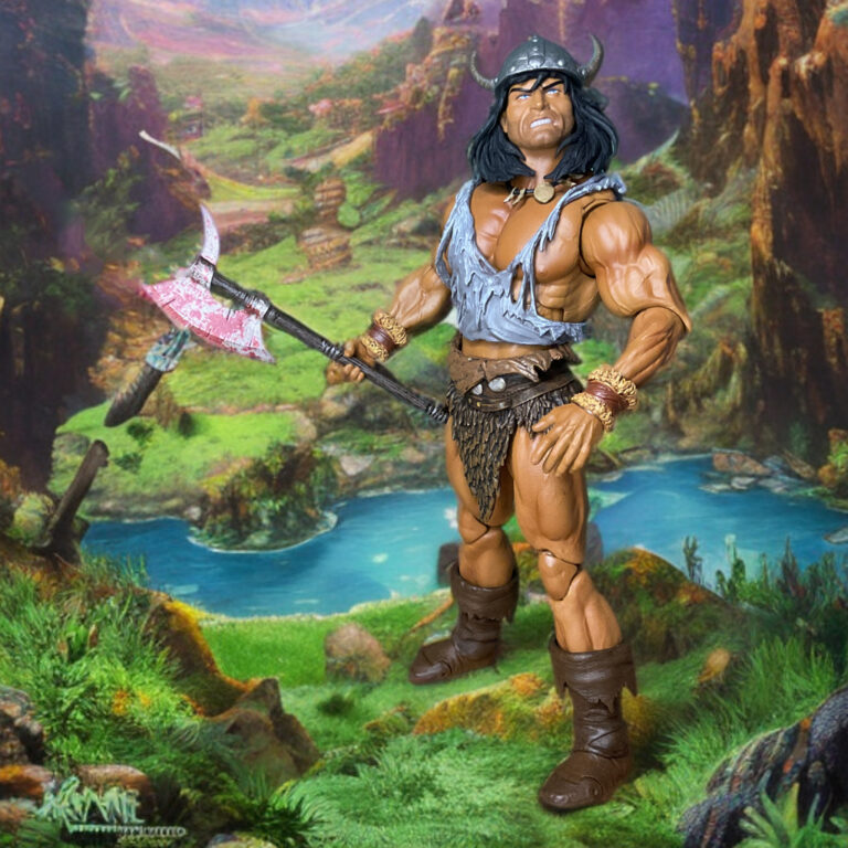 Camisa rasgada e detalhes de tecido desgastados na figura de Conan Battle of the Black Stone.