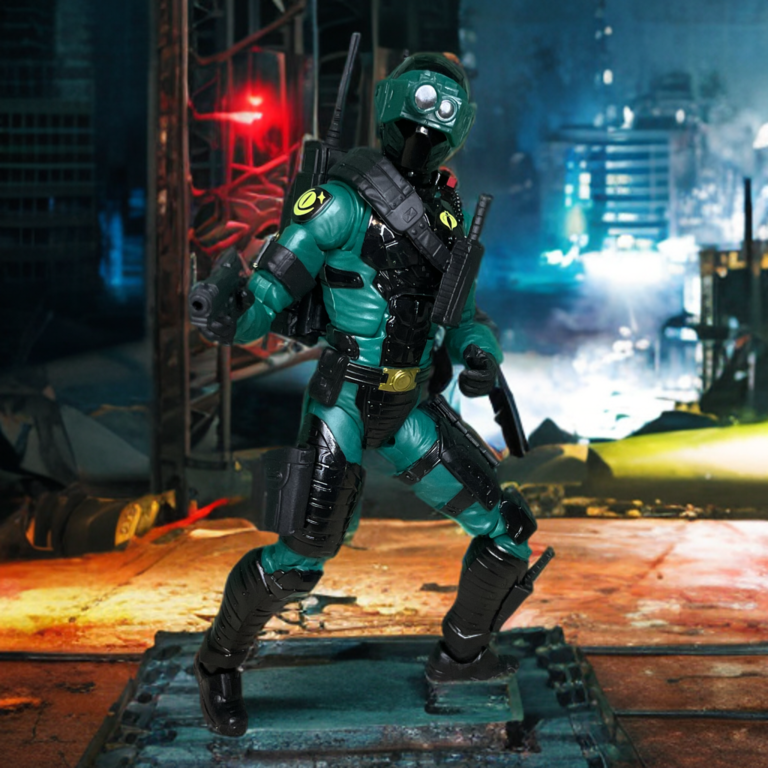 G.I. Joe Classified Night-Viper à espreita nas sombras com visor brilhante, ideal para dioramas do exército Cobra.